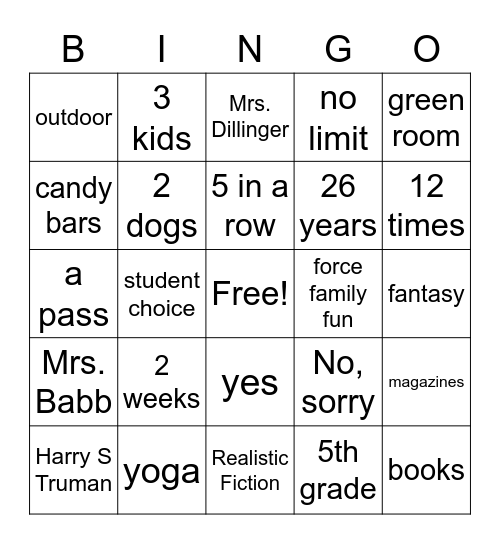 NMMS LIBRARY BINGO Card