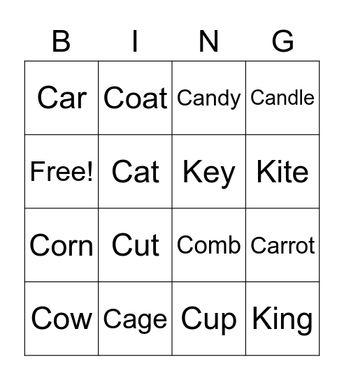 /k/ initial Bingo Card