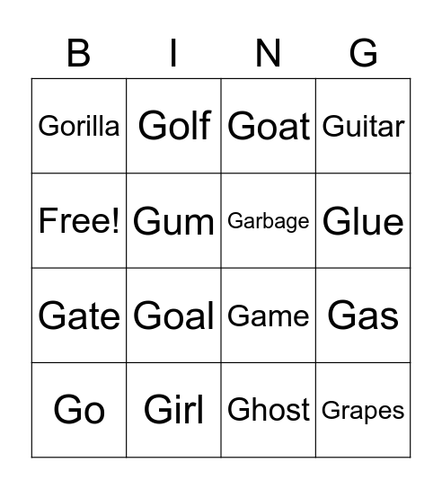 /g/ initial Bingo Card