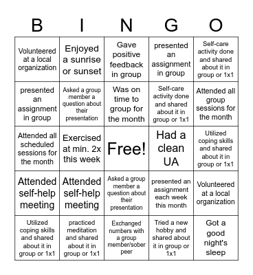 Recovery Bingo Card