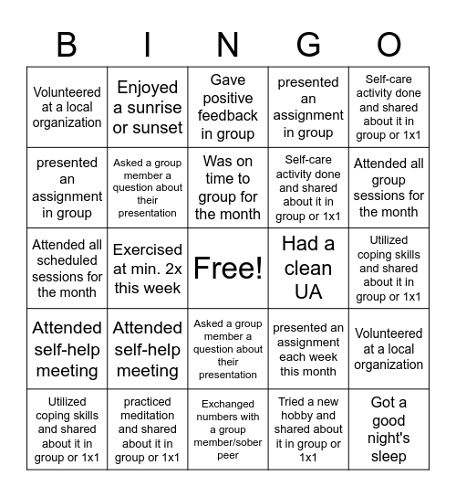 Recovery Bingo Card