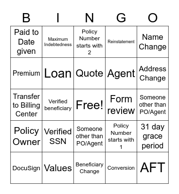 Phone Call Bingo Card