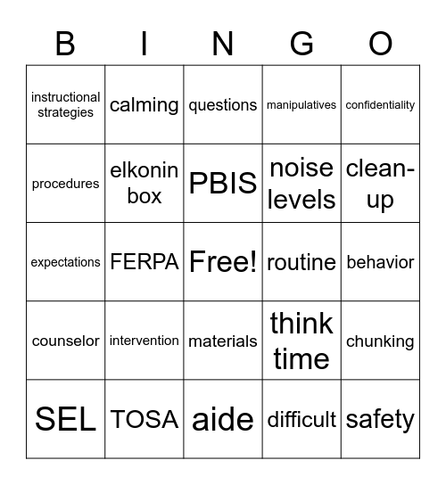 Intervention Aide Bingo-Monday Bingo Card