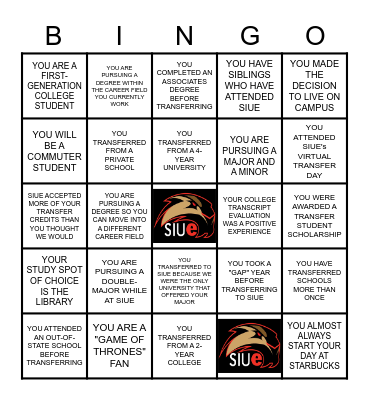 SIUE Transfer Bingo Card
