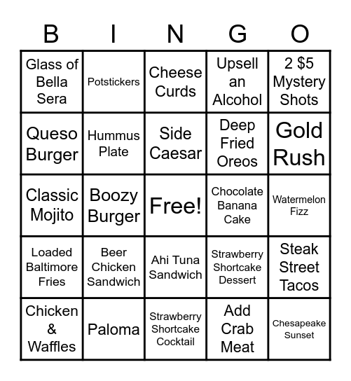 Restaurant Bingo!!! Bingo Card
