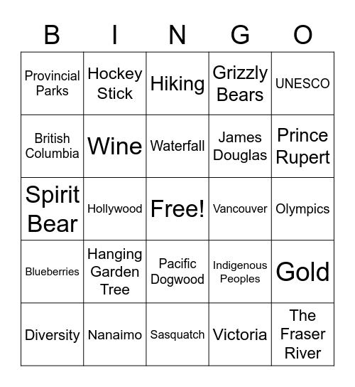 British Columbia Bingo Card