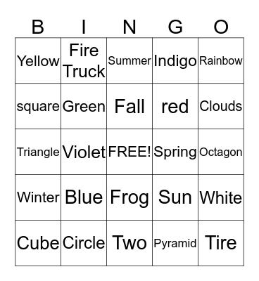 Colors, Shapes,Seasons and Animals Bingo Card