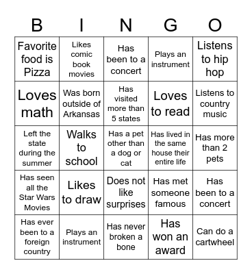 Middle School Bingo Card