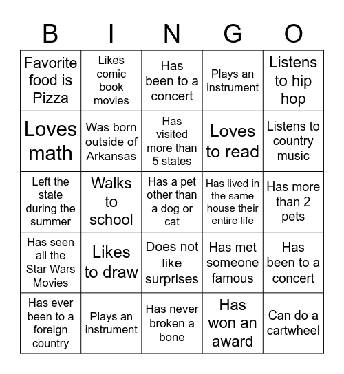 Middle School Bingo Card