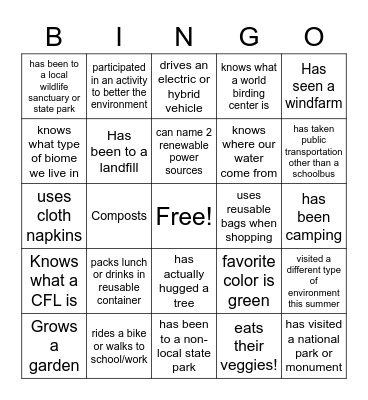 Environmental Bingo Card