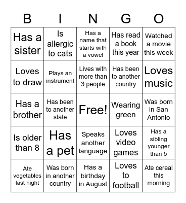 Getting to Know You Bingo Card