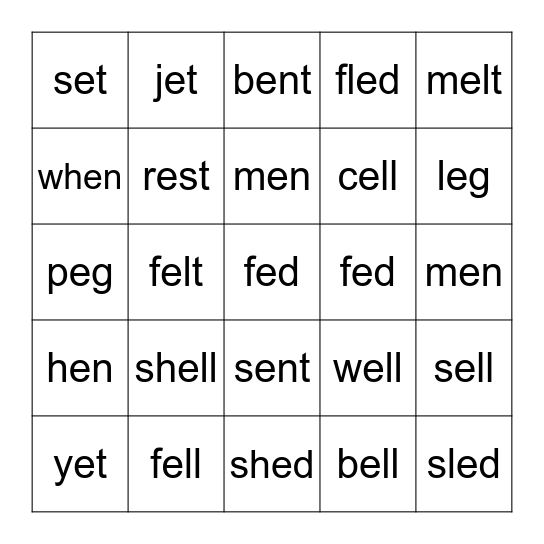 Short E Bingo Card