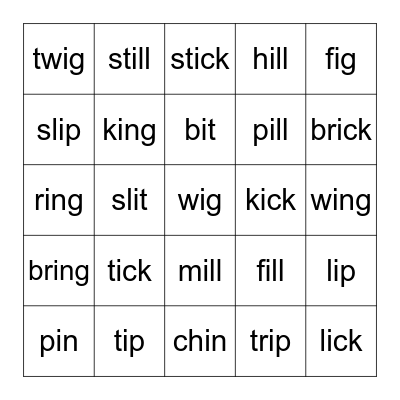 Short I Bingo Card