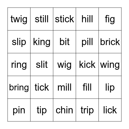 Short I Bingo Card