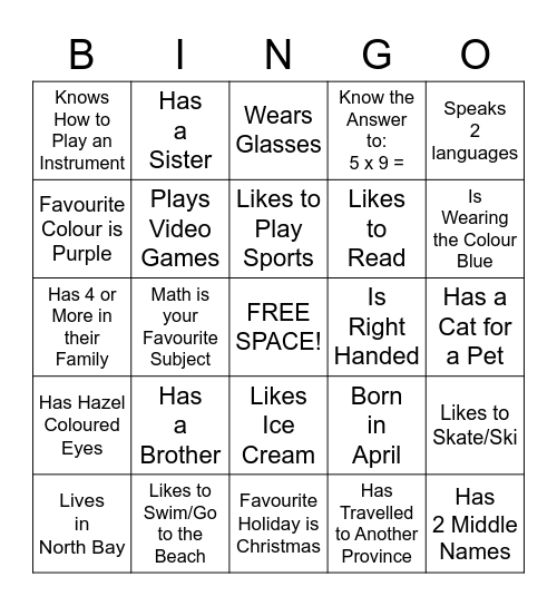 "Get to Know Me" Bingo Card