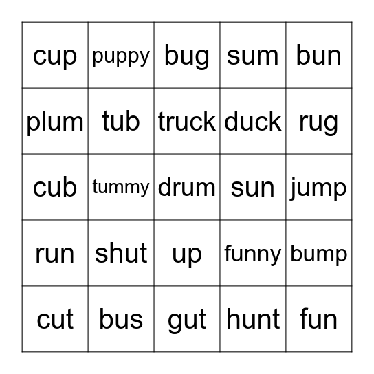 SHORT U Bingo Card