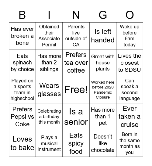 Transition Cottage Bingo Card