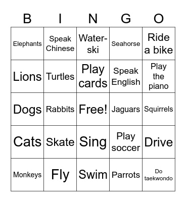 Can and Can't Bingo Card