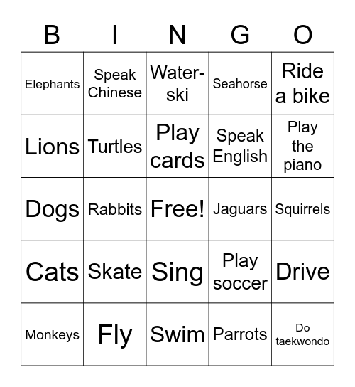 Can and Can't Bingo Card