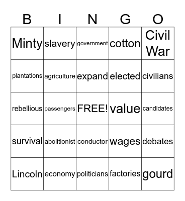 U.S. Civil War  Bingo Card
