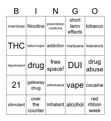 Drug Awareness Bingo Card