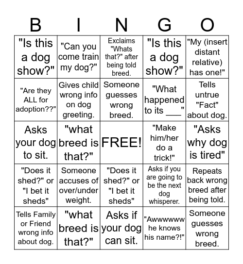 Pet Expo bingo Card