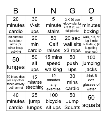 Fitness Challenge Bingo Card