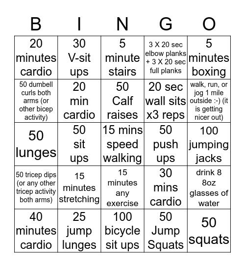 Fitness Challenge Bingo Card