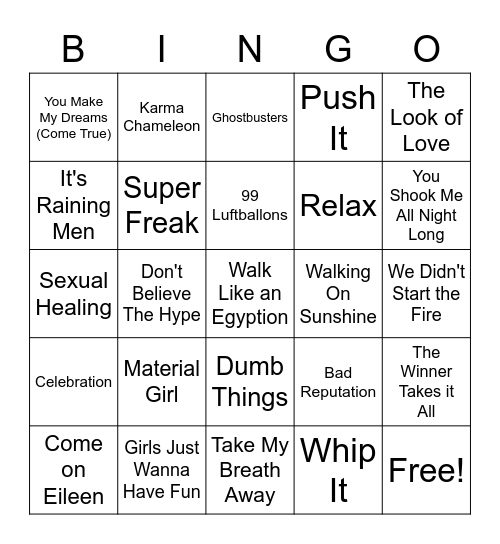 80s bangers Bingo Card