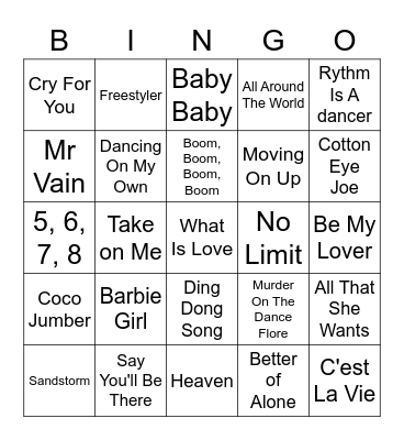 Eruropop/dance Party Bingo Card