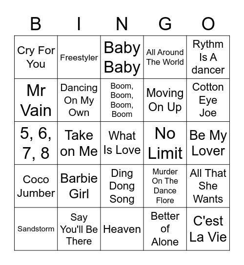 Eruropop/dance Party Bingo Card