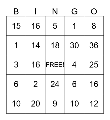Multiplication Bingo Card