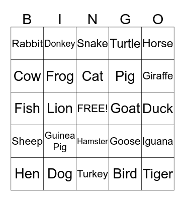 Animals  Bingo Card