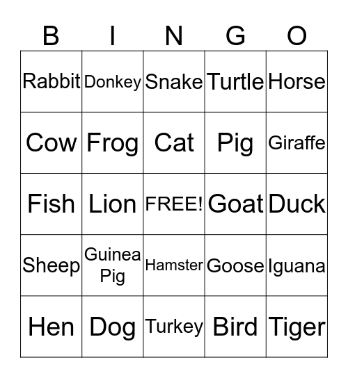 Animals  Bingo Card