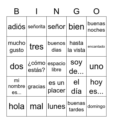 Beginner Spanish Vocab Bingo Card