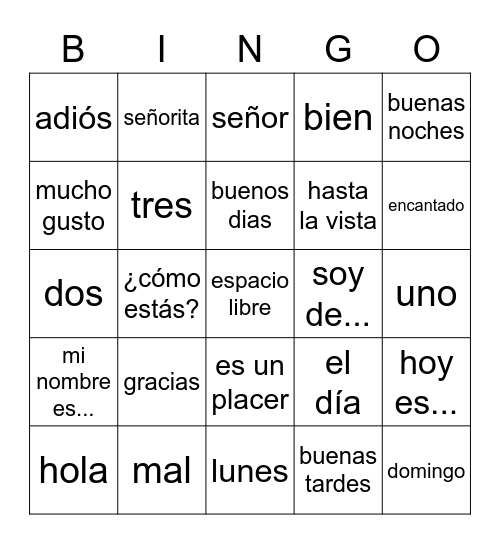Beginner Spanish Vocab Bingo Card