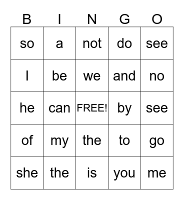 Sight Words Bingo Card