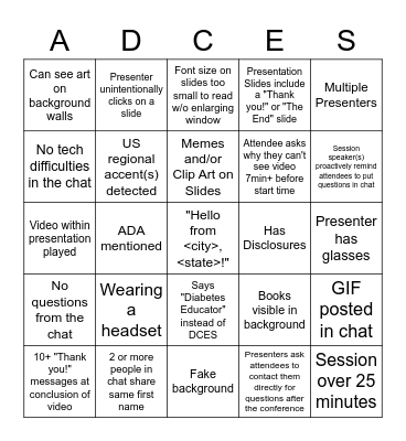 ADCES21 Monitoring Session Bingo Card