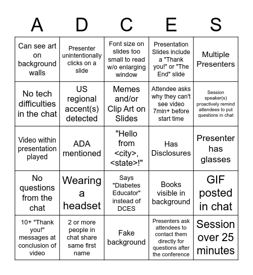 ADCES21 Monitoring Session Bingo Card
