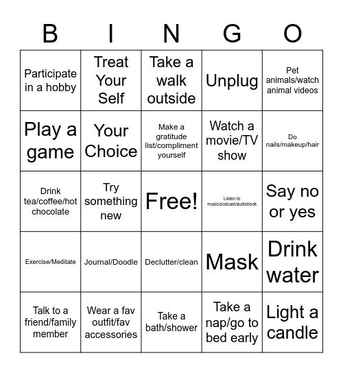 Self-Care Bingo Card