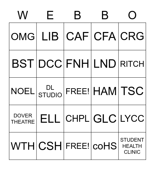 UNIV-111 Campus Tour WEBBO Bingo Card