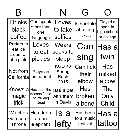 KAPPA GAMMA DELTA SPRING RUSH 2015 Bingo Card