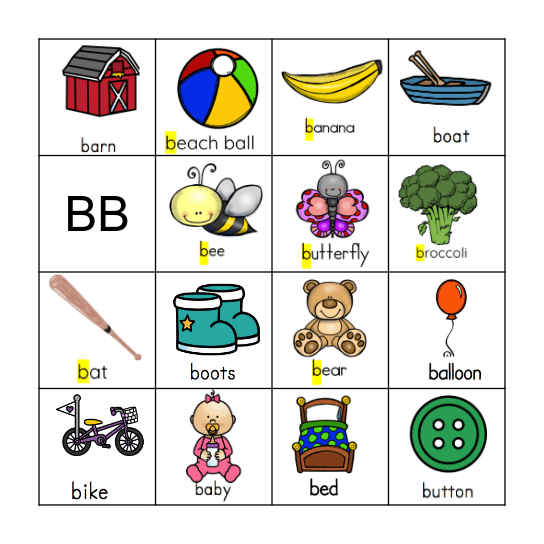 Letter Bb Bingo Card