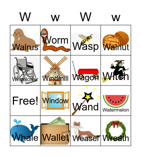 Letter W Bingo Card