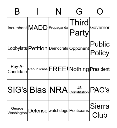 Democrats, Rebuplicans, Media and SIG's Bingo Card