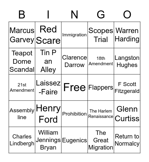 Roaring Twenties Bingo Card