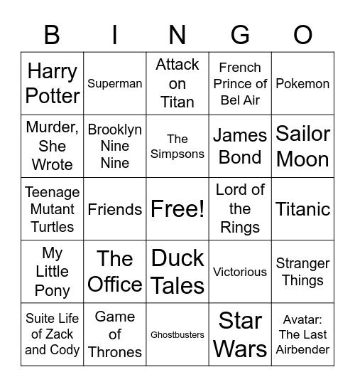 Themes from Movies & TV Shows Bingo Card