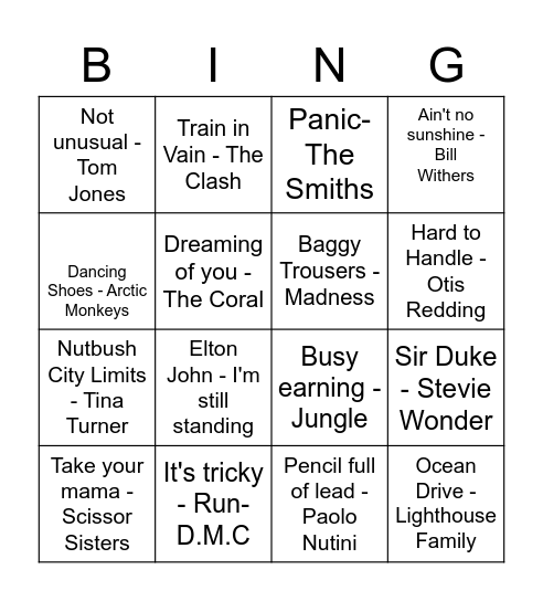 Song Title Bingo Card