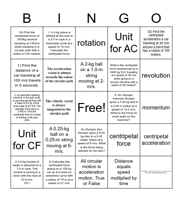 CIRCULAR MOTION Bingo Card