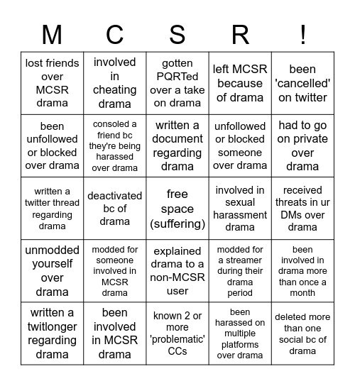 MCSR Drama Bingo Card